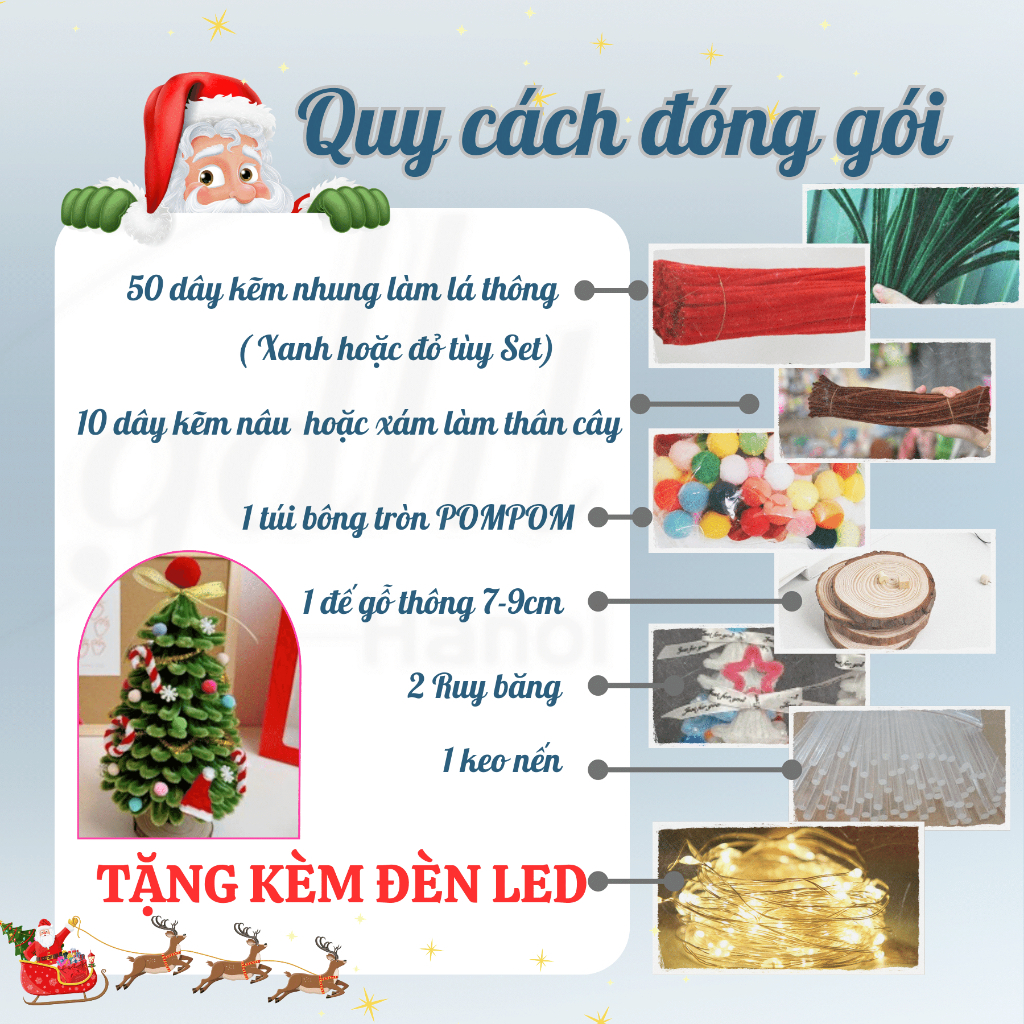SET Nguyên Liệu Làm Cây Thông Noel Bằng Dây Kẽm Nhung - Tặng kèm Đèn Led - Bộ Đồ DIY Làm Quà tặng, Trang Trí Giáng Sinh