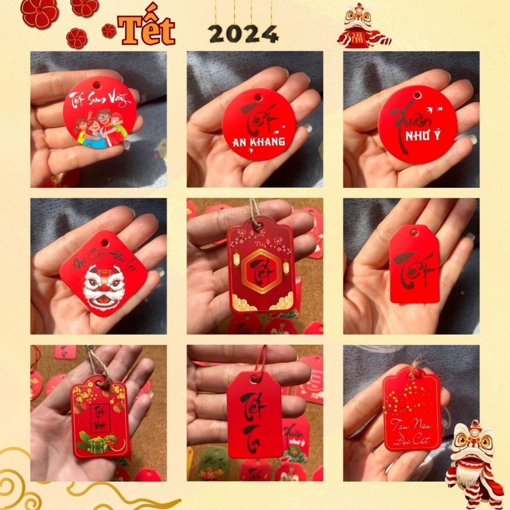 JG- 50 Tag Giấy Trang Trí Tết, Thẻ Treo Trang Trí Hộp Quà Tặng Decor Kèm Dây Cối Hoặc Dây Đỏ Size 4,9 x 3,1cm