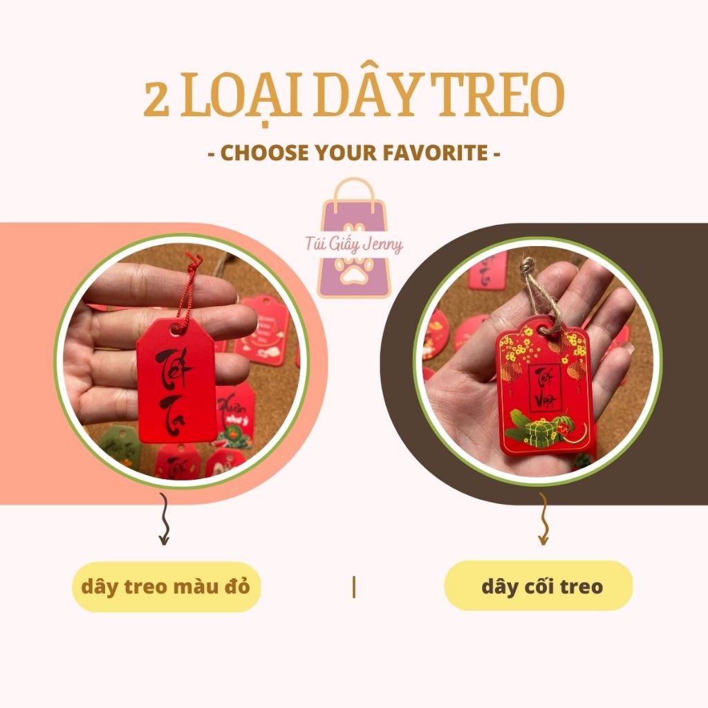 JG- 50 Tag Giấy Trang Trí Tết, Thẻ Treo Trang Trí Hộp Quà Tặng Decor Kèm Dây Cối Hoặc Dây Đỏ Size 4,9 x 3,1cm