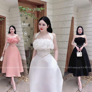 Đầm váy dự tiệc xu hướng dễ thương sang trọng chất Tapta cứng cúp ngực có đai cổ bèo voan đính đá eo váy dài maxi 3 màu