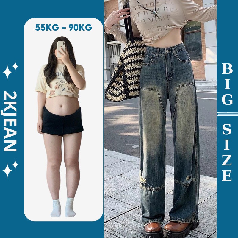 Quần jean nữ ống rộng rách Bigsize 55kg-90kg, kiểu dáng suông rộng viền xẻ v thời trang Bigsize cao cấp MS203 2KJeans