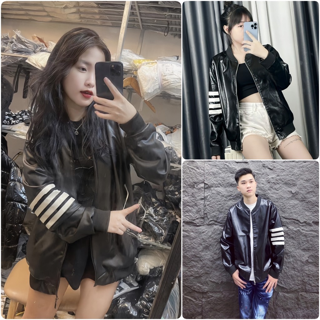 Áo Khoác Da Bomber 4 Vạch Tay Unisex Form Rộng