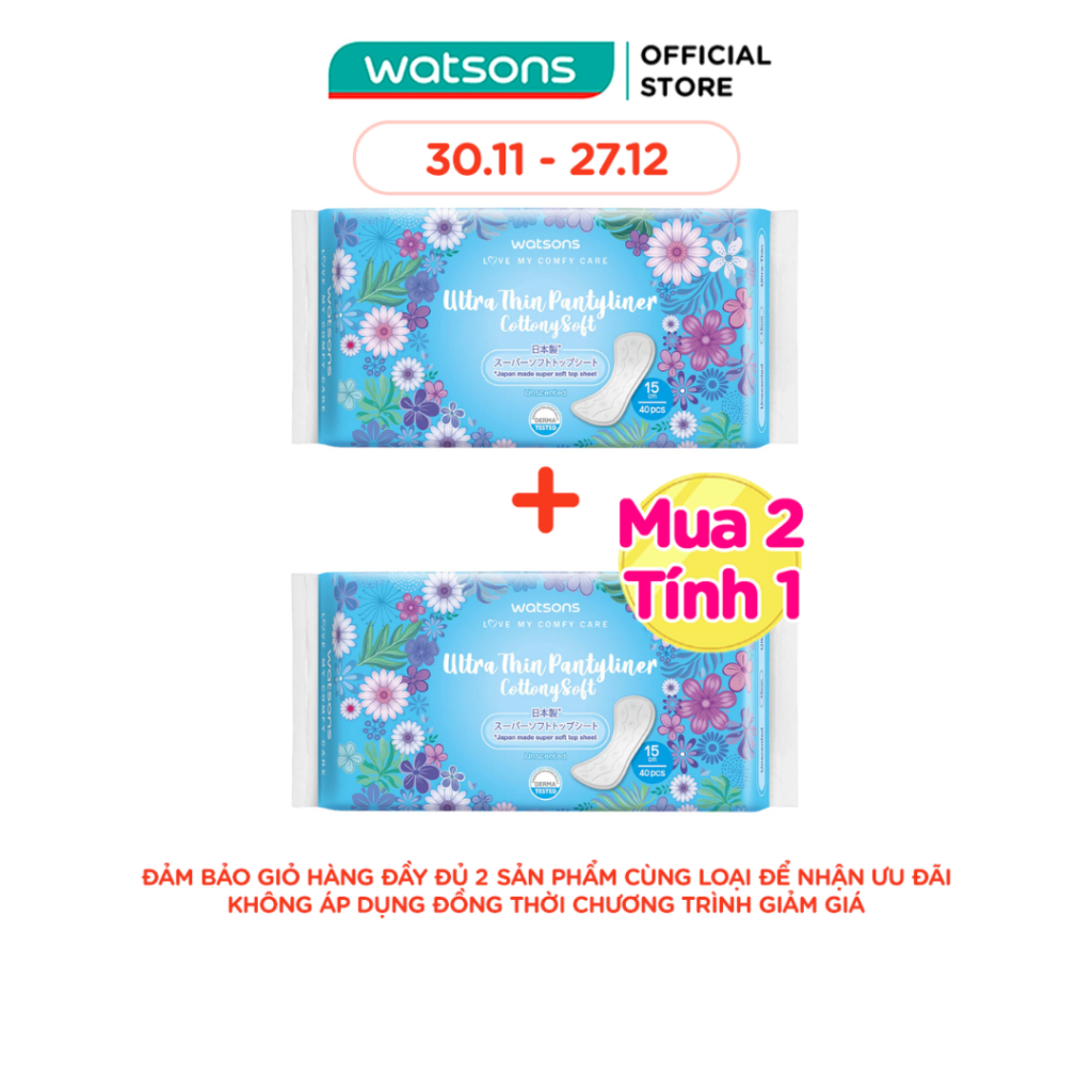 Băng Vệ Sinh Hằng Ngày Watsons Ultra Thin Pantyliner Unscented Cottony Soft Không Hương 15cm 40Miếng
