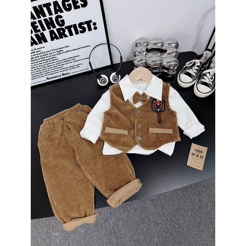 Sét bộ công tử vải nhung đẹp mềm ba chi tiết cho bé trai