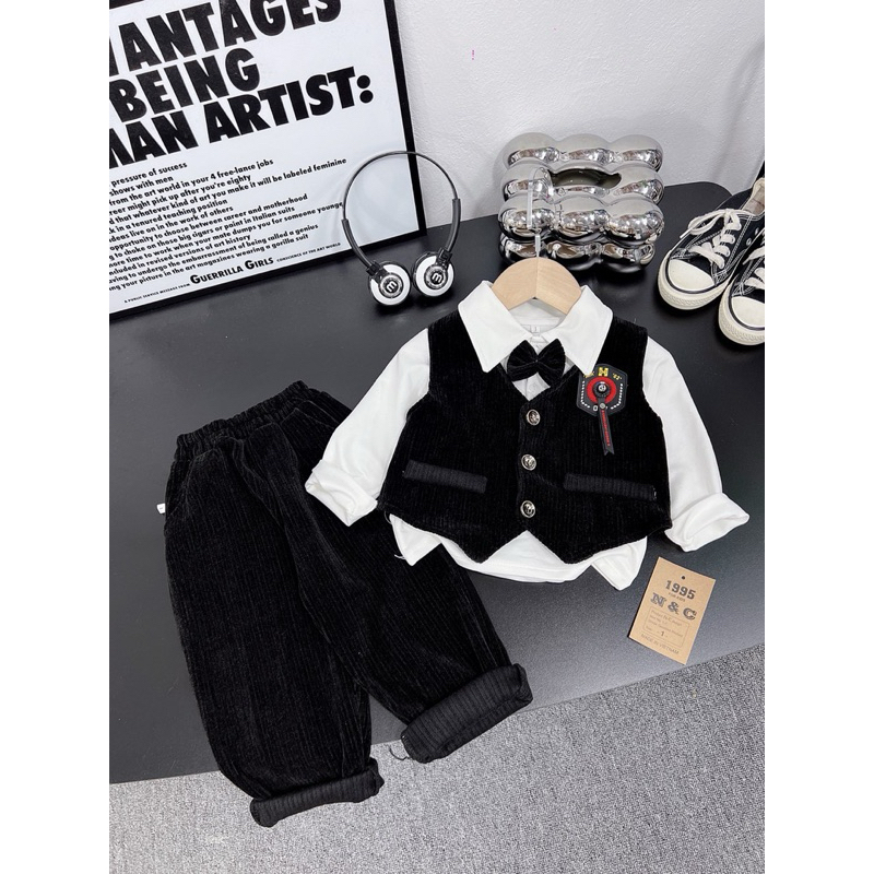 Sét bộ công tử vải nhung đẹp mềm ba chi tiết cho bé trai