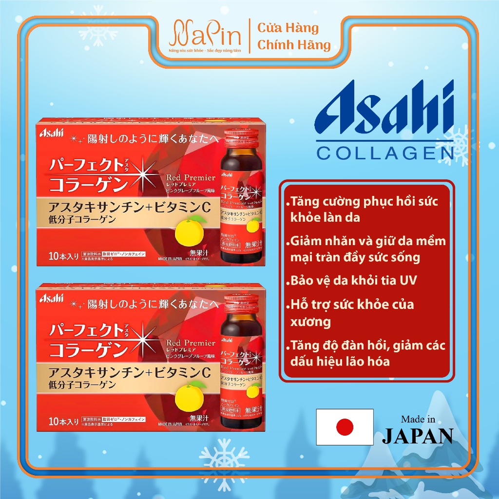 Nước uống bổ sung collagen Asahi Perfect Asta, bản màu đỏ, hỗ trợ đẹp da 50ml/lọ, 10 lọ/hộp chính hãng Nhật bản