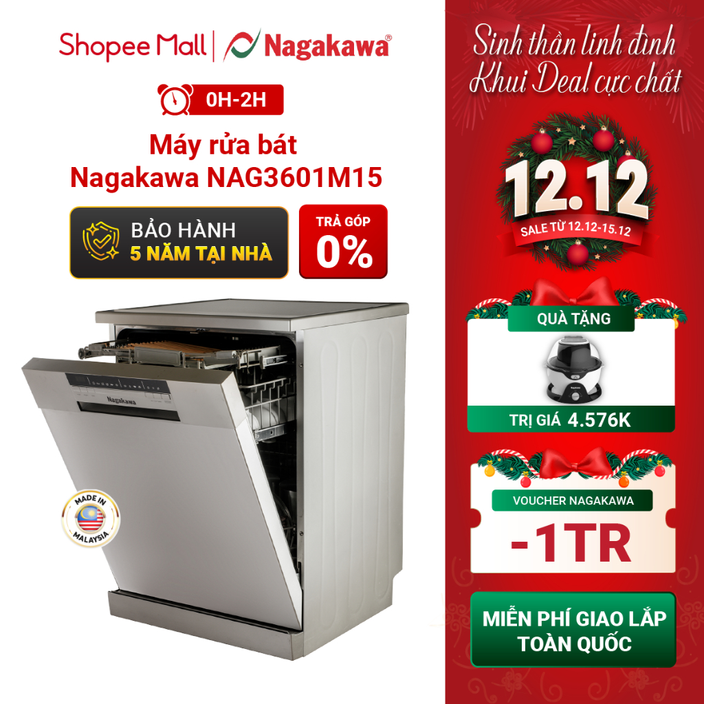 Miễn phí công lắp đặt - Máy rửa chén/ bát 15 bộ cao cấp Nagakawa NAG3601M15 - Bảo hành 24 tháng