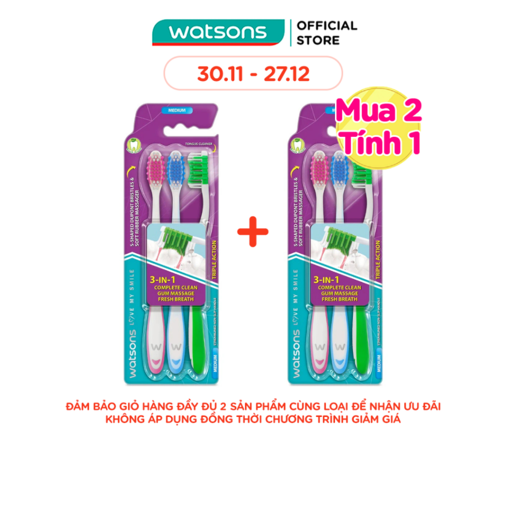 Bàn Chải Đánh Răng Watsons Triple Action Toothbrush (Medium) 3s