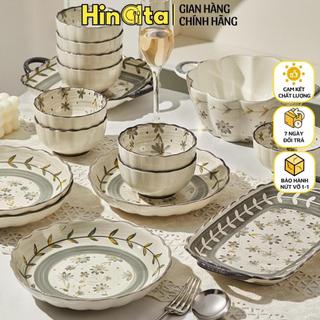 Bộ bát đĩa sứ cúc họa mi HINATA bộ chén dĩa bát ăn cơm đĩa sứ bát ô tô đựng canh thanh lịch sang trọng, Bảo hành 1-1