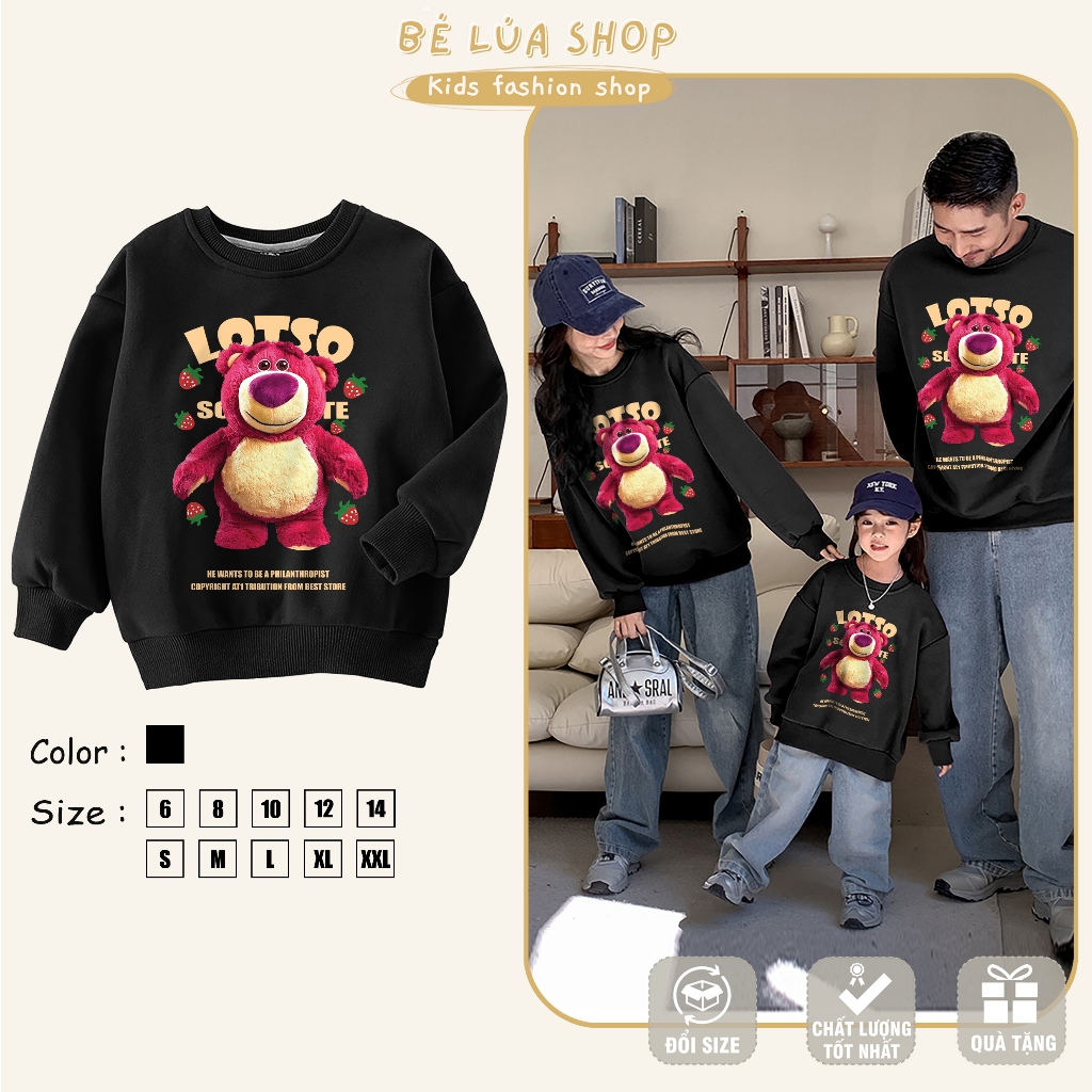 Áo sweater nỉ bông gia đình thu đông mặc đi chơi tết noel gấu dâu lotso đáng yêu ,áo khoác nỉ cổ tròn 2VOI KIDS