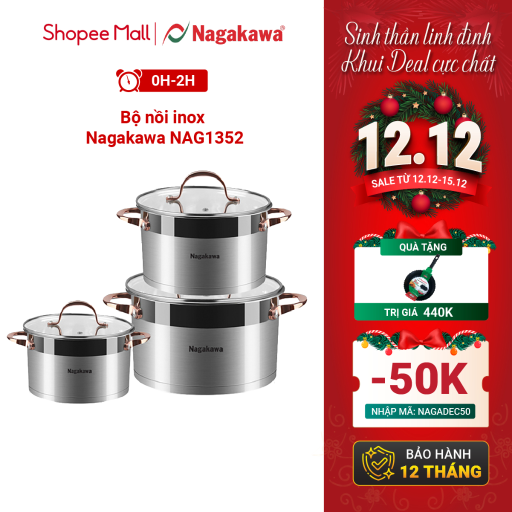 Bộ 3 nồi inox cao cấp 5 đáy Nagakawa NAG1352  dùng cho mọi loại bếp - Hàng Chính Hãng