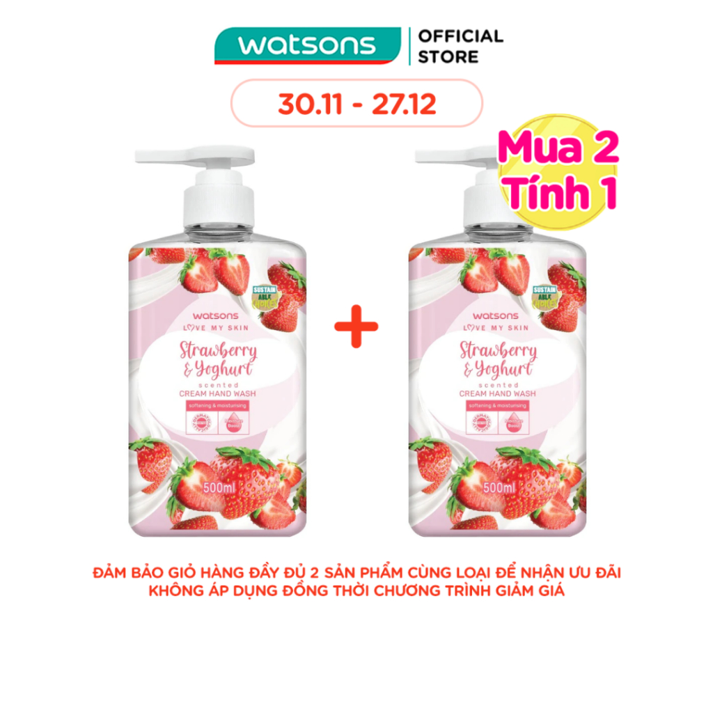 Kem Rửa Tay Watsons Love My Skin Strawberry Yoghurt Scented Cream Hand Wash 500ml