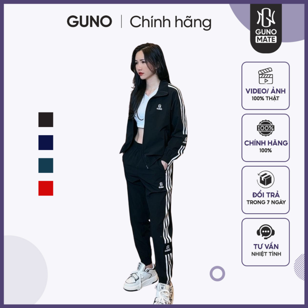 Bộ gió thể thao nữ GUNO 23DBNU04 sọc bản to cao cấp, set đồ thu đông lót lưới mềm mại hàng thethao.vnxk
