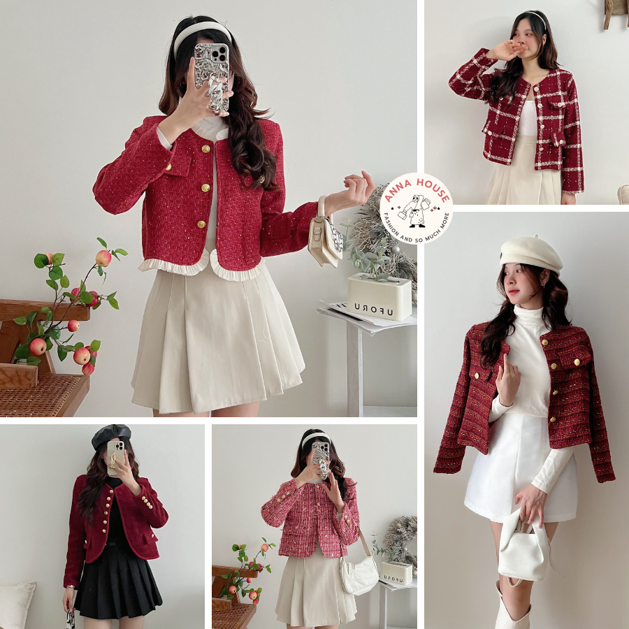 Tổng Hợp Các Mẫu Áo Khoác Dạ Tweed Mặc Noel, Giáng Sinh, Tết, Áo Khoác Ngoài Dạ Tweet Cardigan Nữ Croptop Dáng Ngắn