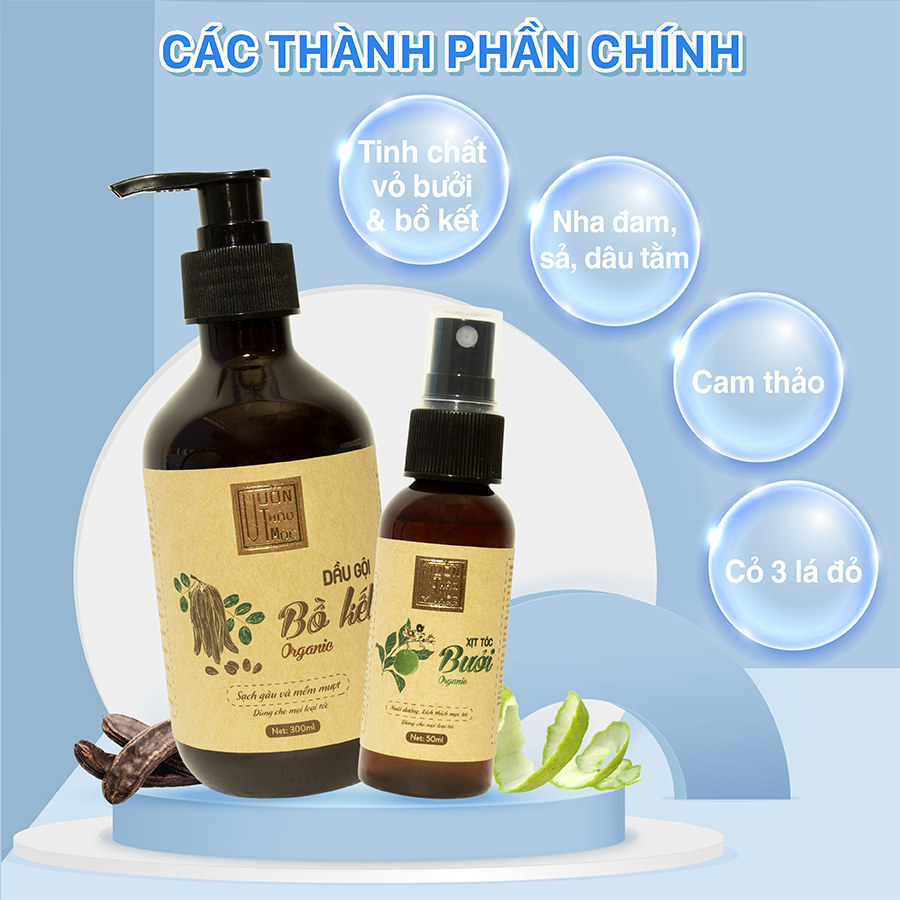 Bộ Dầu Gội Bồ Kết 500ml Xịt Dưỡng Tóc Bưởi 100ml VƯỜN THẢO MỘC ORGANIC Bảo Vệ Mái Tóc Tối Đa Phục Hồi