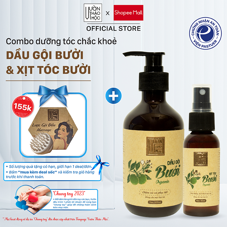 Combo dầu gội đầu bưởi 500ml và xịt tóc bưởi 100ml VƯỜN THẢO MỘC ORGANIC dưỡng tóc chắc khoẻ lưu hương cả ngày