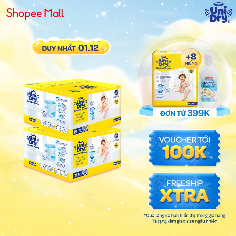 Combo 2 Tã quần UniDry Siêu khô thoáng mới size M/L/XL/XXL - thùng 50 miếng