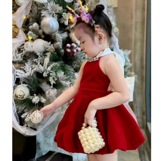 Váy nhung Cổ Yếm nơ xinh cho bé gái 10-30kg