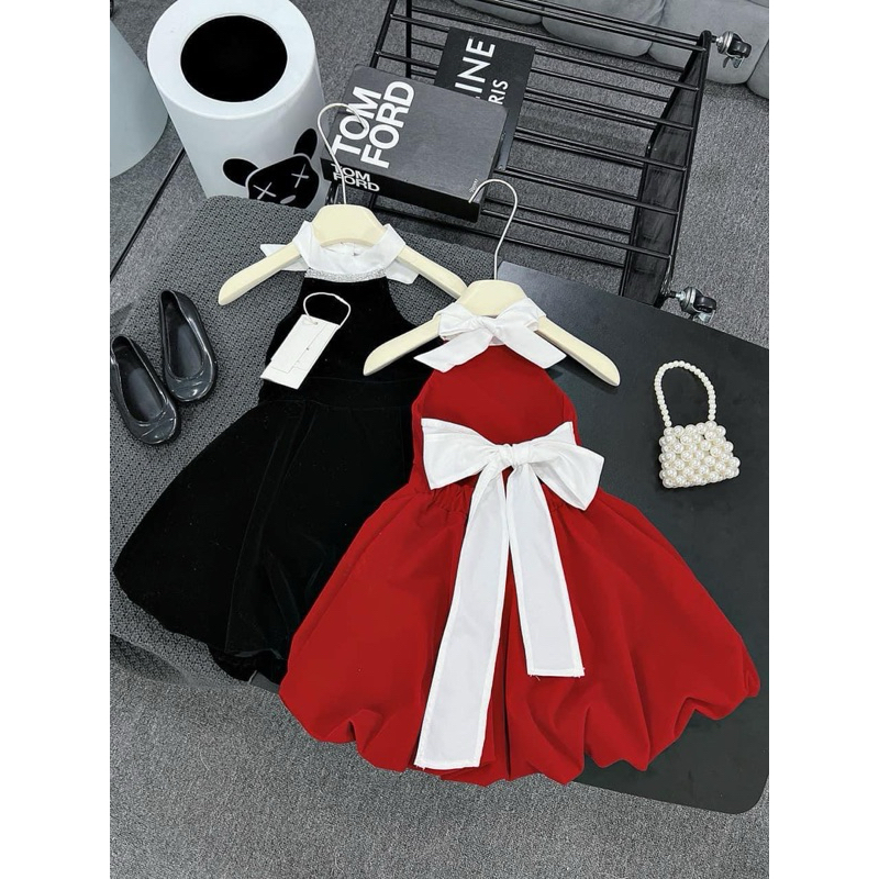 Váy nhung Cổ Yếm nơ xinh cho bé gái 10-30kg