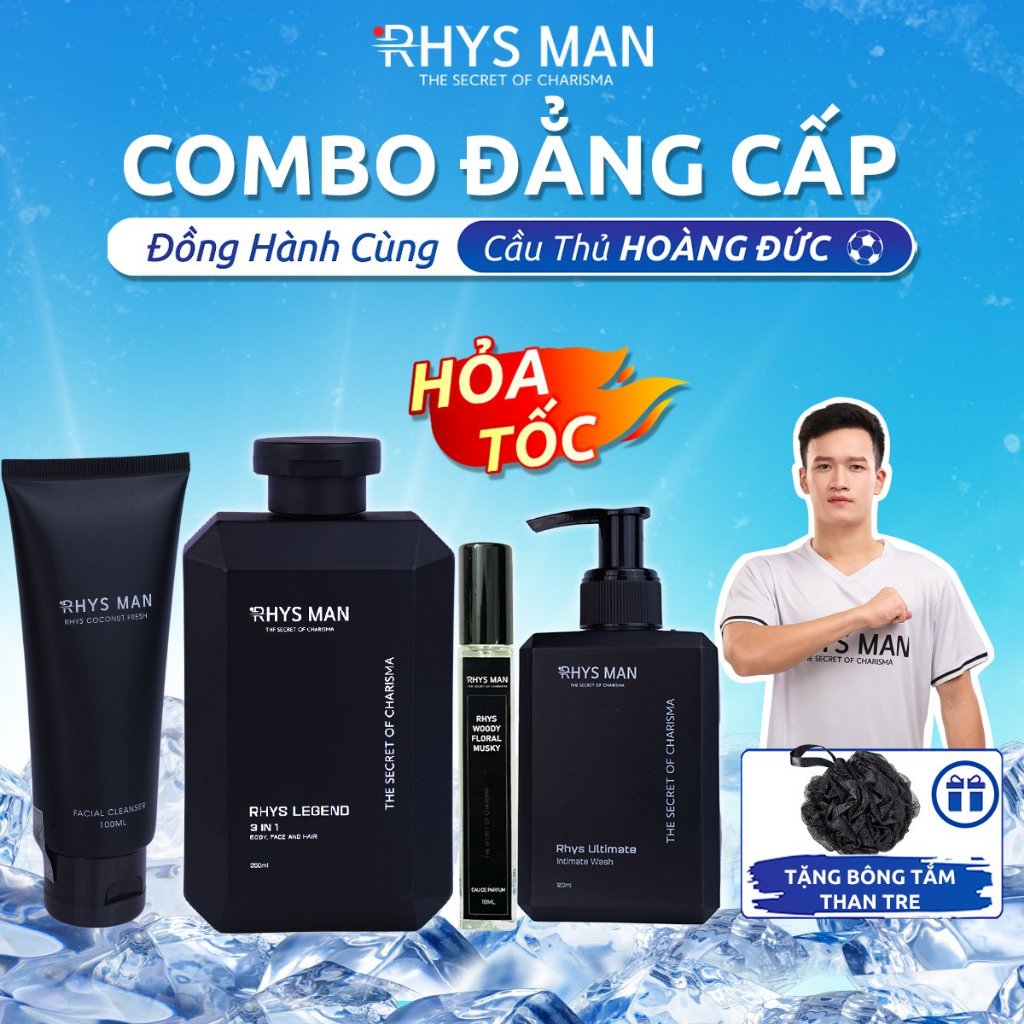 Bộ Quà Tặng Nam - Sữa tắm gội nam & Sữa rửa mặt hương dừa & Dung dịch vệ sinh nam & Nước hoa nam RHYS MAN