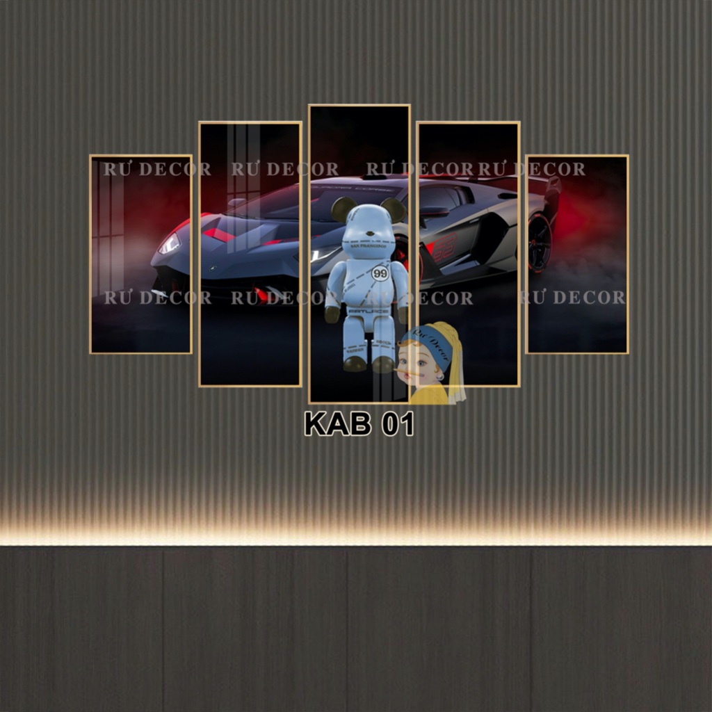 Bộ 5 Tấm Tranh Ghép Gấu Bearick Siêu Xe Tráng Gương Dán Tường Kèm Keo Dán Sẵn 3M BH Vận Chuyển Decor Nhà Cửa Hiện Đại