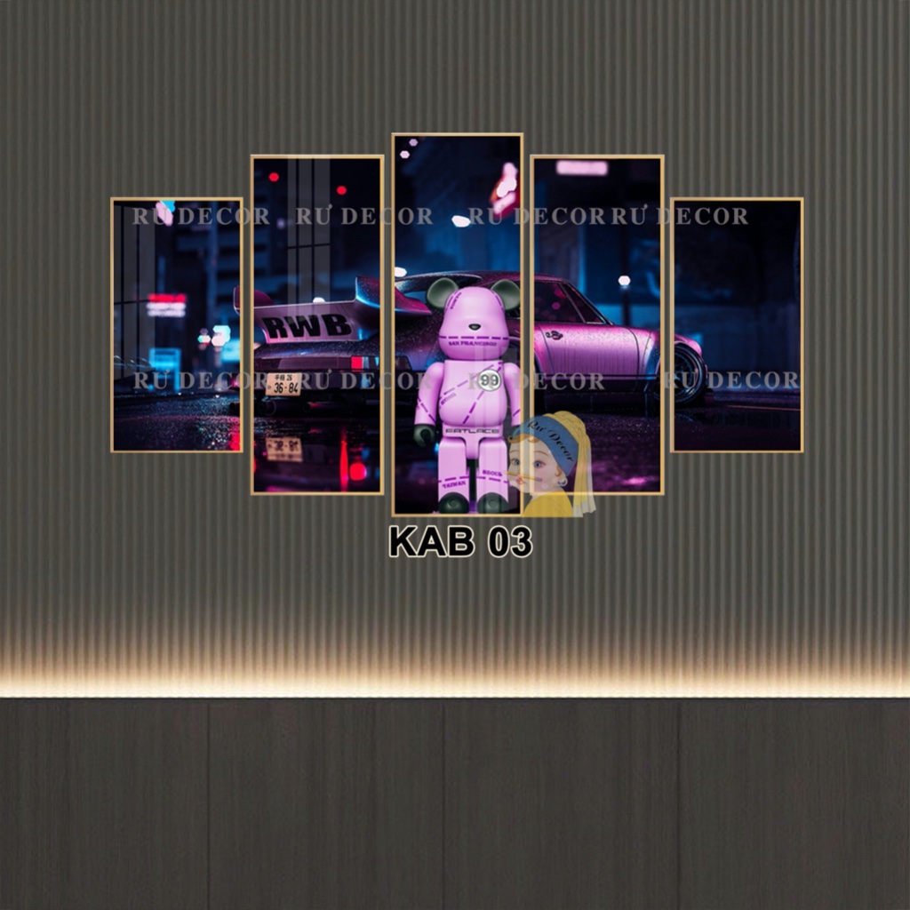 Bộ 5 Tấm Tranh Ghép Gấu Bearick Siêu Xe Tráng Gương Dán Tường Kèm Keo Dán Sẵn 3M BH Vận Chuyển Decor Nhà Cửa Hiện Đại