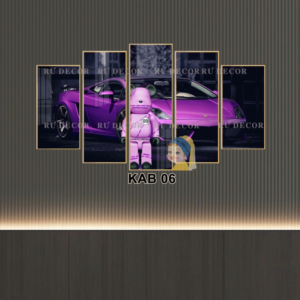Bộ 5 Tấm Tranh Ghép Gấu Bearick Siêu Xe Tráng Gương Dán Tường Kèm Keo Dán Sẵn 3M BH Vận Chuyển Decor Nhà Cửa Hiện Đại