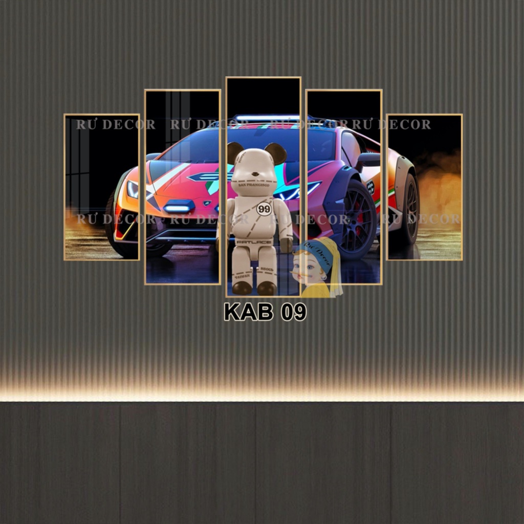 Bộ 5 Tấm Tranh Ghép Gấu Bearick Siêu Xe Tráng Gương Dán Tường Kèm Keo Dán Sẵn 3M BH Vận Chuyển Decor Nhà Cửa Hiện Đại