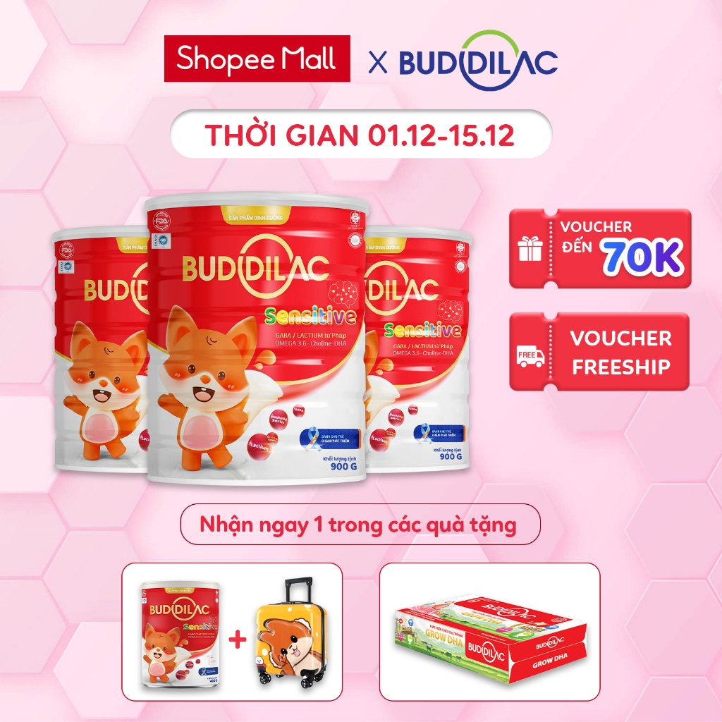 [Tặng quà] Combo 3 hộp sữa dinh dưỡng Buddilac sensitive 900g