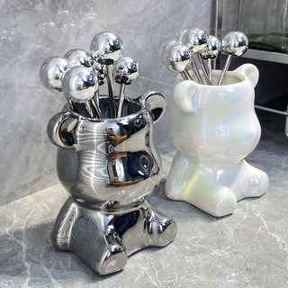 Set dĩa gấu Brick GỐM SỨ _Dĩa ăn hoa quả nĩa trái cây inox không gỉ kèm ống đựng gốm sứ hình gấu cao cấp