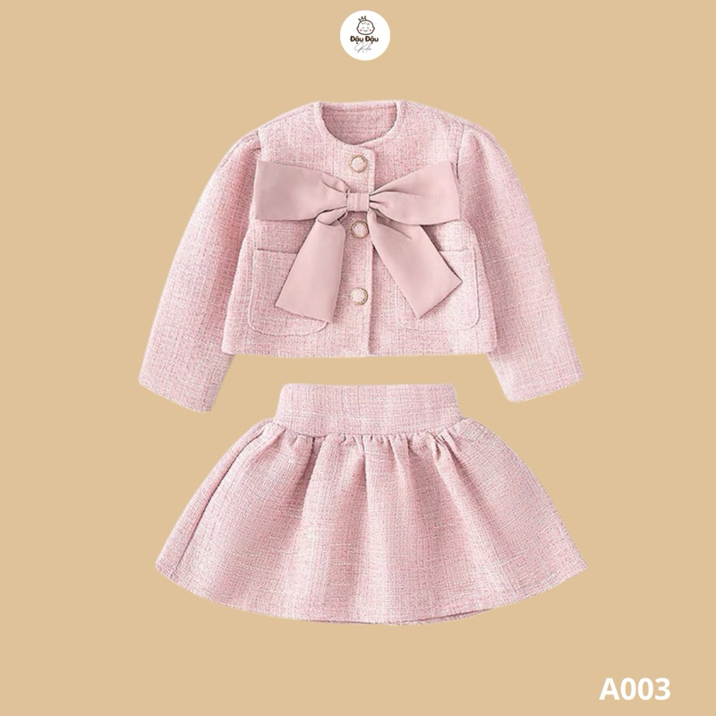 Set váy dạ hồng tiểu thư cho bé gái phối nơ cao cấp Hàn Quốc A004 - Đậu Đậu Kids
