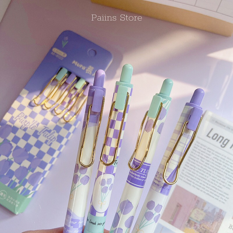 Bút gel bấm Mura Purple Tulip mực đen ngòi 0.5mm