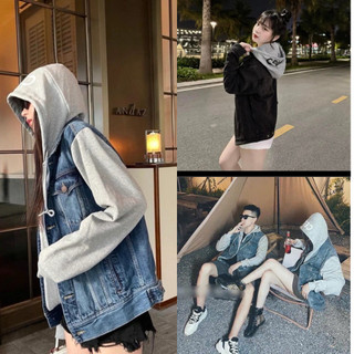 Áo khoác jean có mũ nỉ chất denim khoác ngoài nam nữ xanh đen kaki ấm áp cho ngày trở gió From Rộng queenshop
