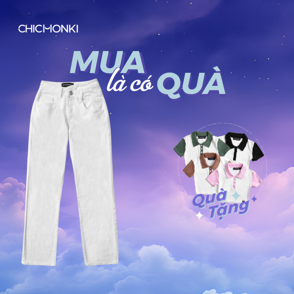 Quần jean nữ ống suông CHICMONKI kiểu lưng chéo, màu trắng - CMJ1498