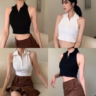 Áo thun croptop cổ bẻ chất bo rip mịn co giãn thoải mái