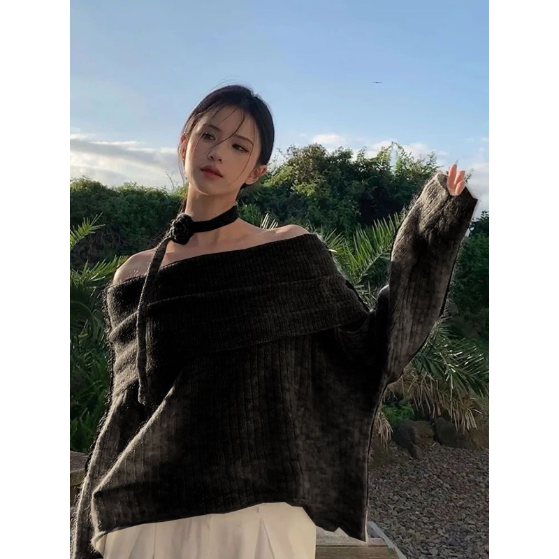 Áo len trễ vai cổ chéo tiểu thư kiểu , áo len đơn giản trơn qc loại 1