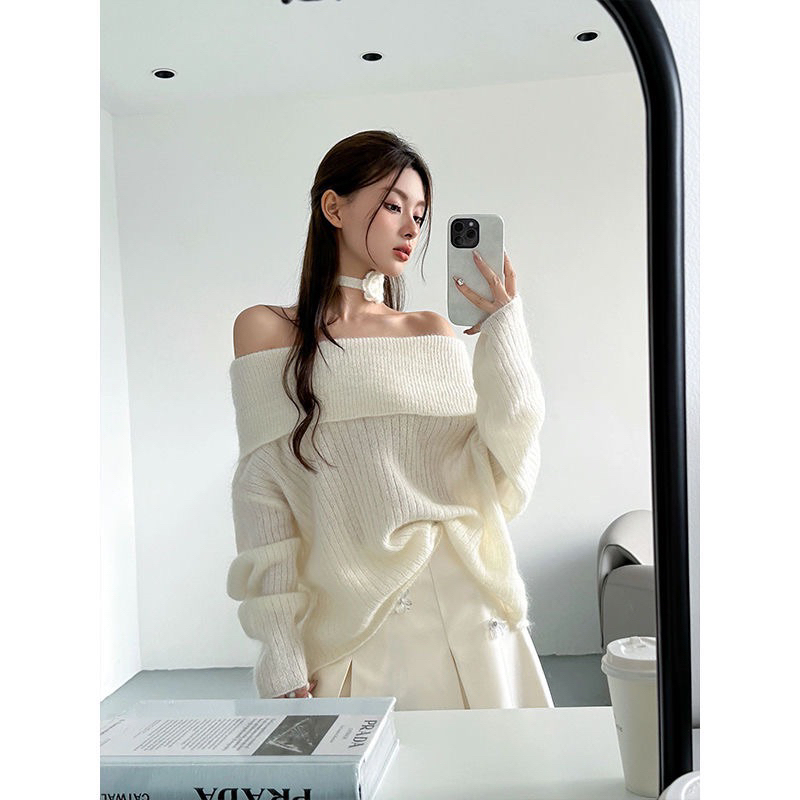 Áo len trễ vai cổ chéo tiểu thư kiểu , áo len đơn giản trơn qc loại 1