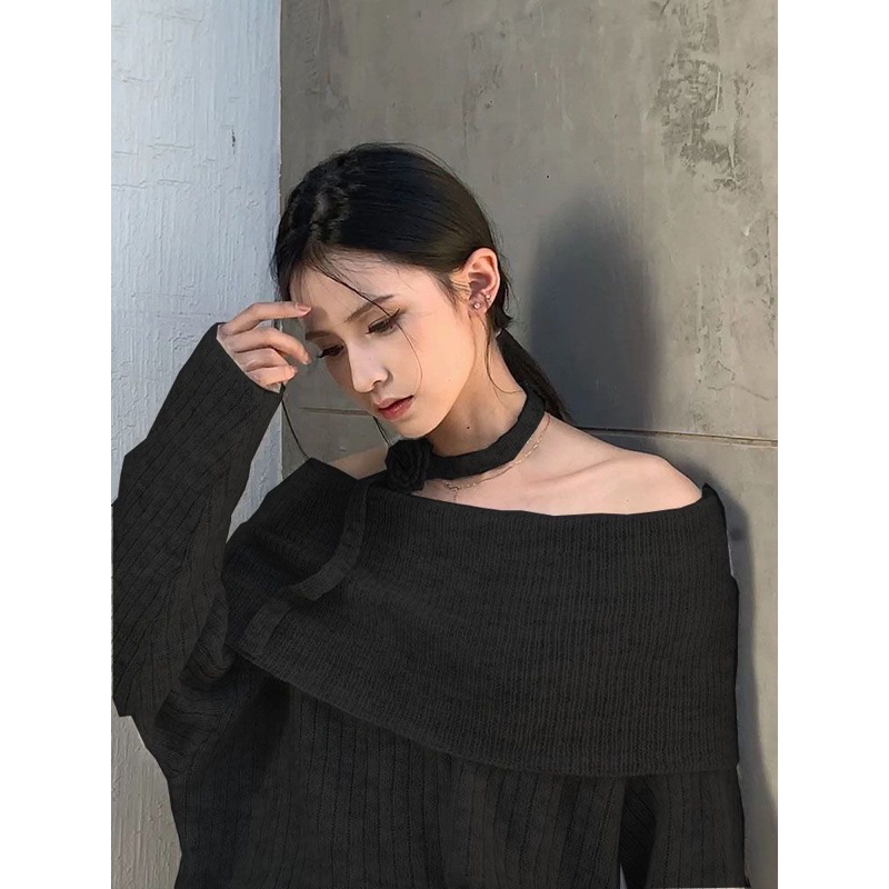 Áo len trễ vai cổ chéo tiểu thư kiểu , áo len đơn giản trơn qc loại 1