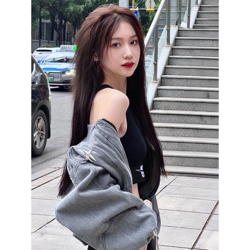 Áo khoác jean dáng ngắn cá tính khoá kéo , áo khoác ngoài kiểu mới 2023