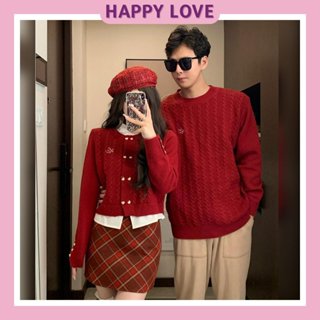  Đồ đôi mùa đông áo len kiểu nam nữ hàn quốc HAPPYLOVE màu đỏ mặc giáng sinh Noel Tết cho cặp đôi H163 
