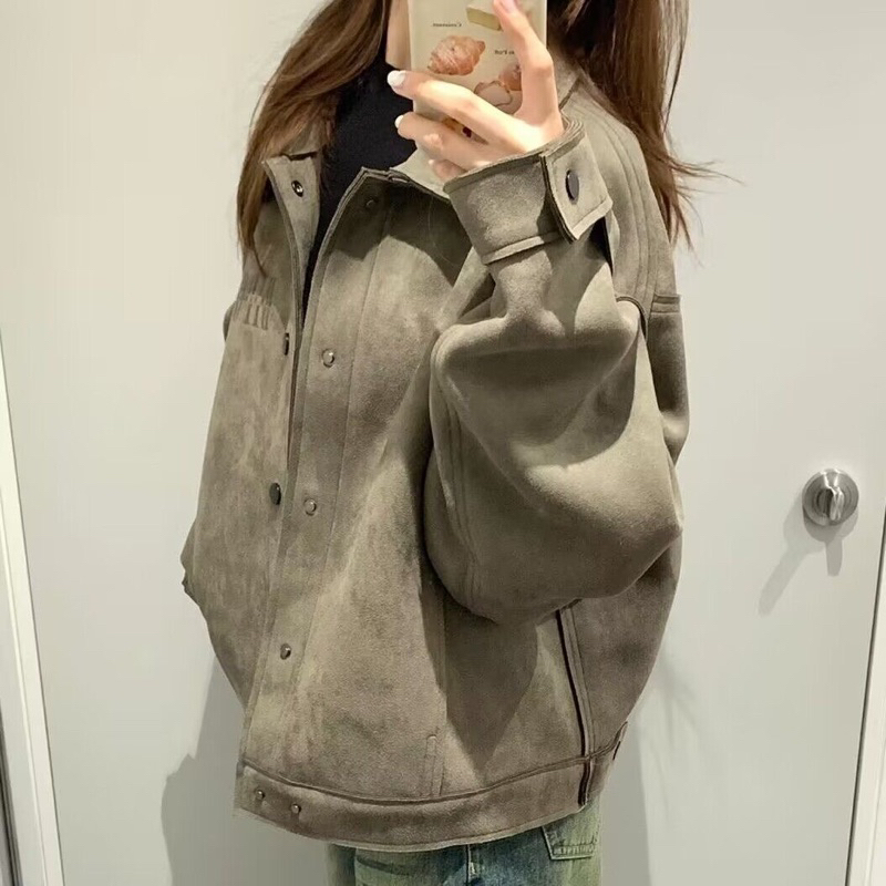 Áo khoác da lộn màu rêu siêu hot qc loại 1