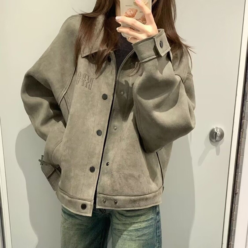 Áo khoác da lộn màu rêu siêu hot qc loại 1