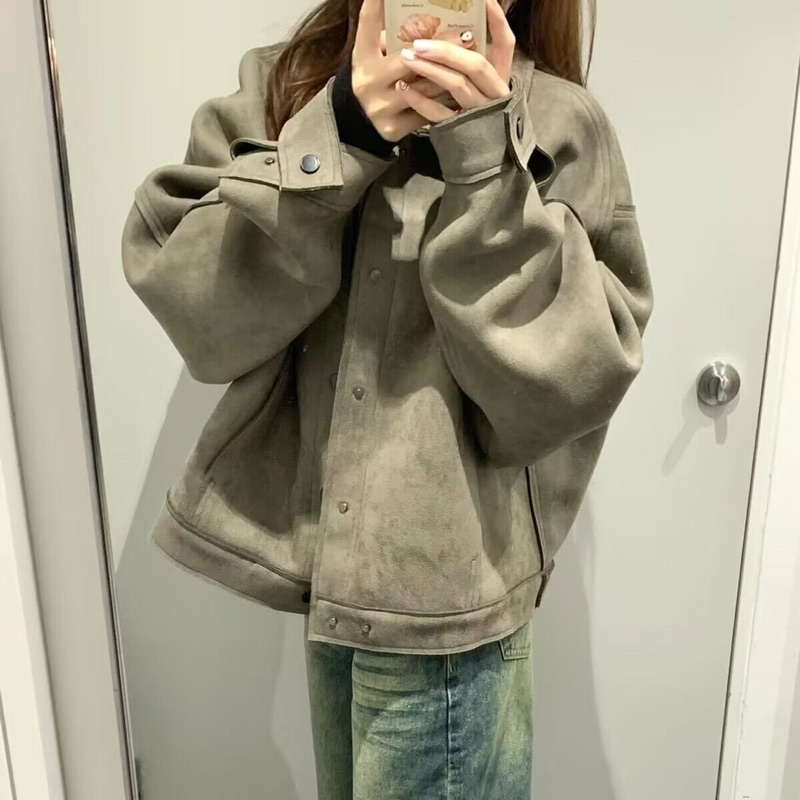 Áo khoác da lộn màu rêu siêu hot qc loại 1