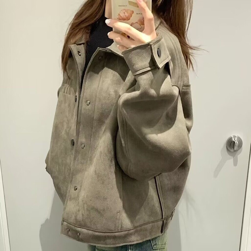 Áo khoác da lộn màu rêu siêu hot qc loại 1