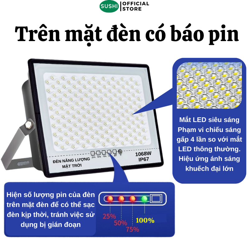 Đèn Led Năng Lượng Mặt Trời 500W Bảo Hành 12 Tháng - Đèn LED năng lượng mặt trời siêu sáng chống nước có điều khiển