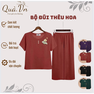 Bộ đồ trung niên cho mẹ chất vải đũi thêu hoa sen đính cúc hàng đẹp