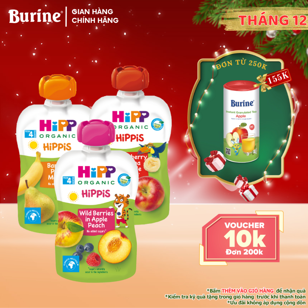 Dinh dưỡng ăn dặm 100% trái cây nghiền Organic HiPPiS 100g bổ sung Vitamin - Nhập khẩu châu Âu