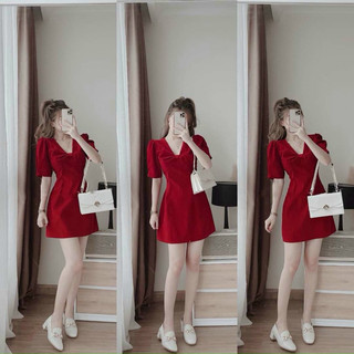 Đầm nhung đỏ tay ngắn nơ ngực