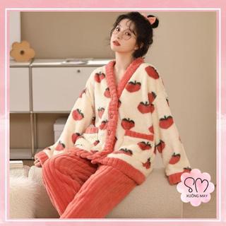 [QC][40-70kg]Bộ ngủ nữ lông dài tay ĐÀO FULL mềm mại ấm áp freesize Mùa đông