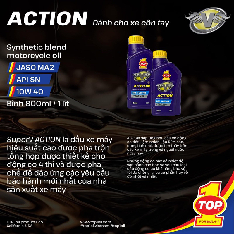 Nhớt Top 1 V Action 10w40 cho xe số chai 800ml hàng nhập khẩu USA